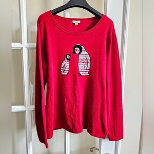 Talbots Fair Isle Penguin Long Sleeve Crewneck Pullover Sweater Red Sequin